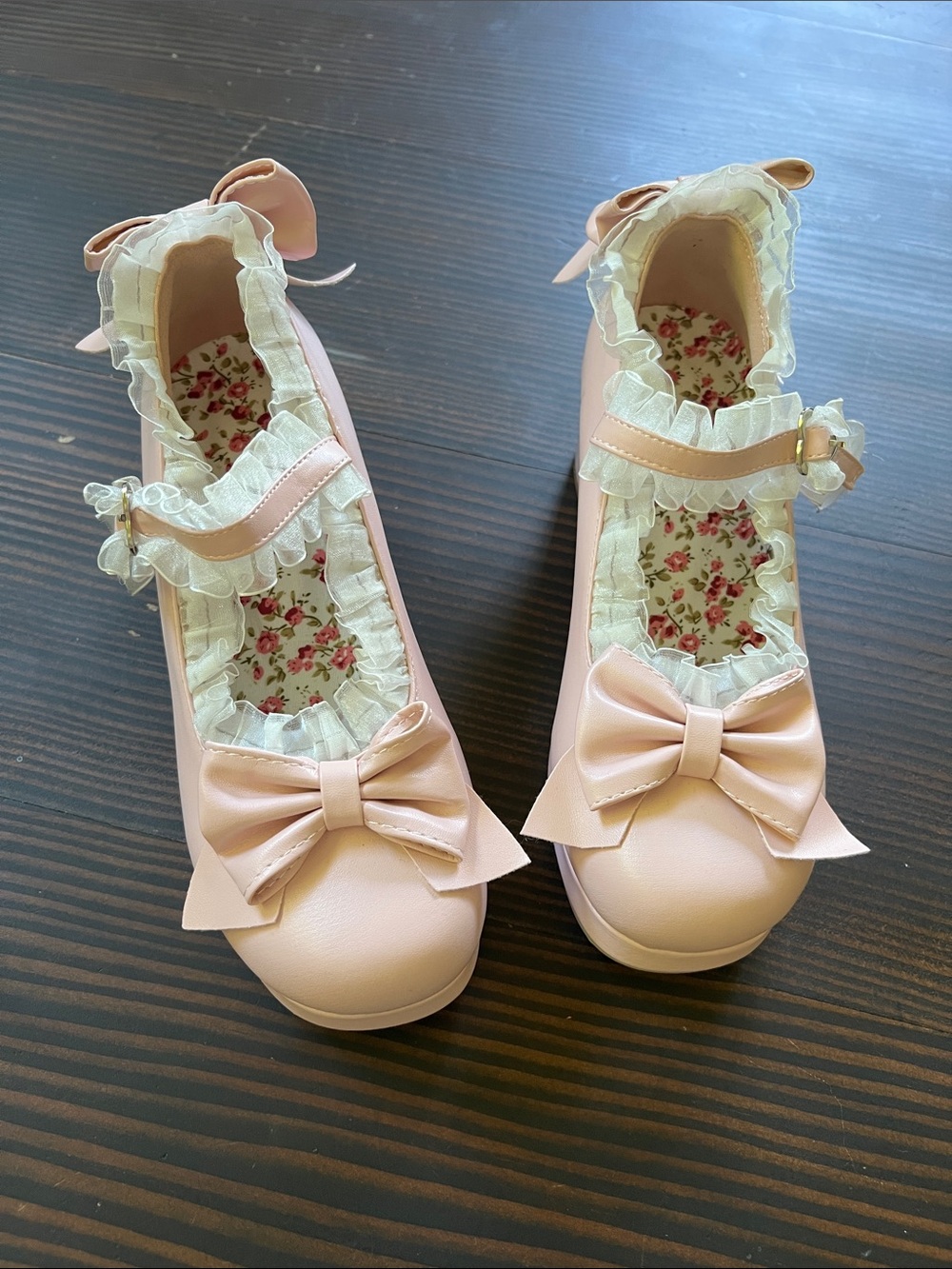Pink Bow Mary Jane Heels with Lace Trim